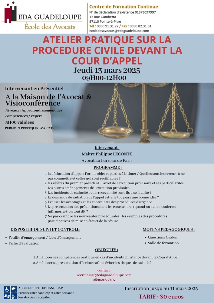 ATELIER PRATIQUE SUR LA PROCEDURE DEVANT LA COUR D'APPEL